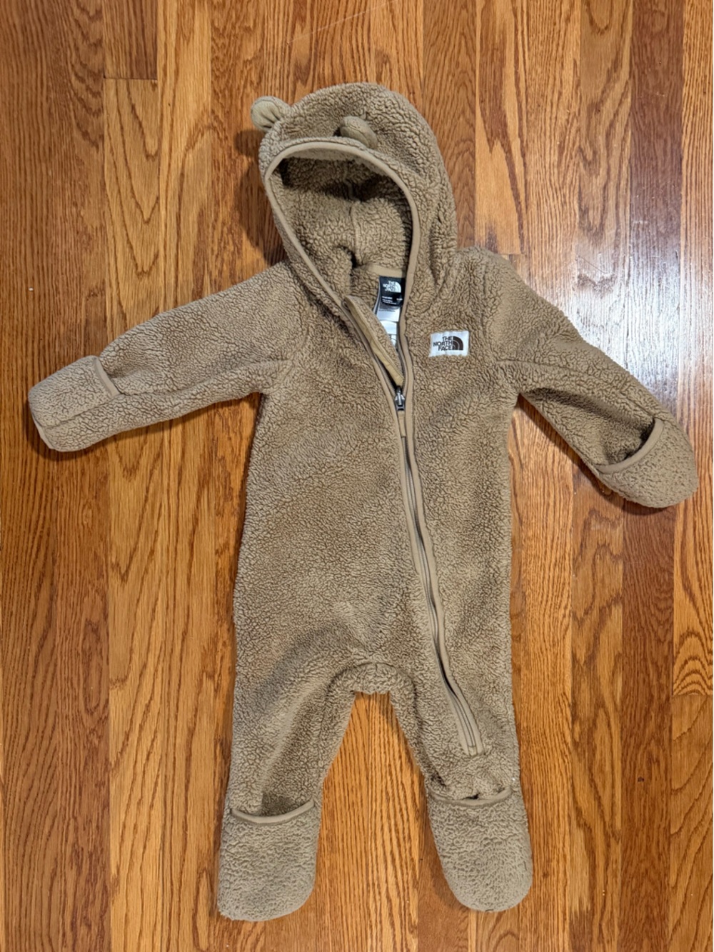 The North Face Tan Teddy Fleece Hooded Baby One-Piece